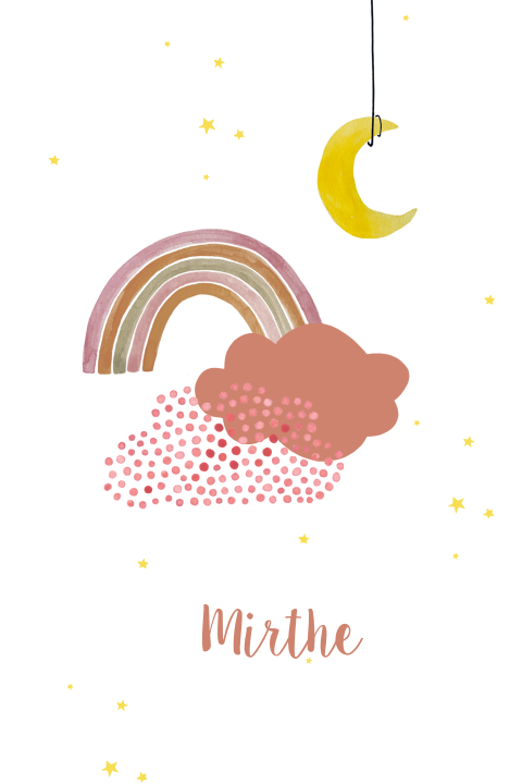 hip geboortekaartje voor meisje  met maan regenboog en wolken