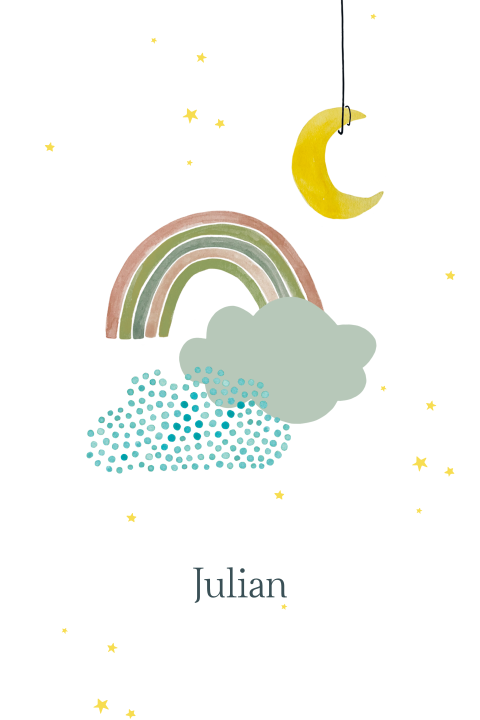 hip jongens geboortekaartje met maan, regenboog en wolken