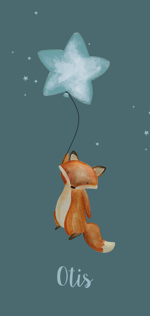 stoer geboortekaartje met vos, ballon en sterren