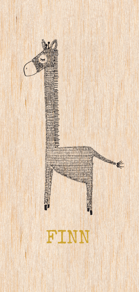 uniek geboortekaartje met giraffe op hout