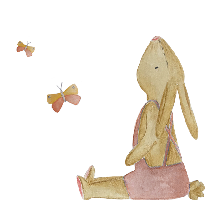 lieve illustraties in waterverf voor een geboortekaartje met een konijn in roze tuinbroek